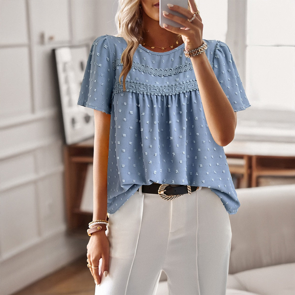 Solid Color Crew Neck Short-sleeved Top